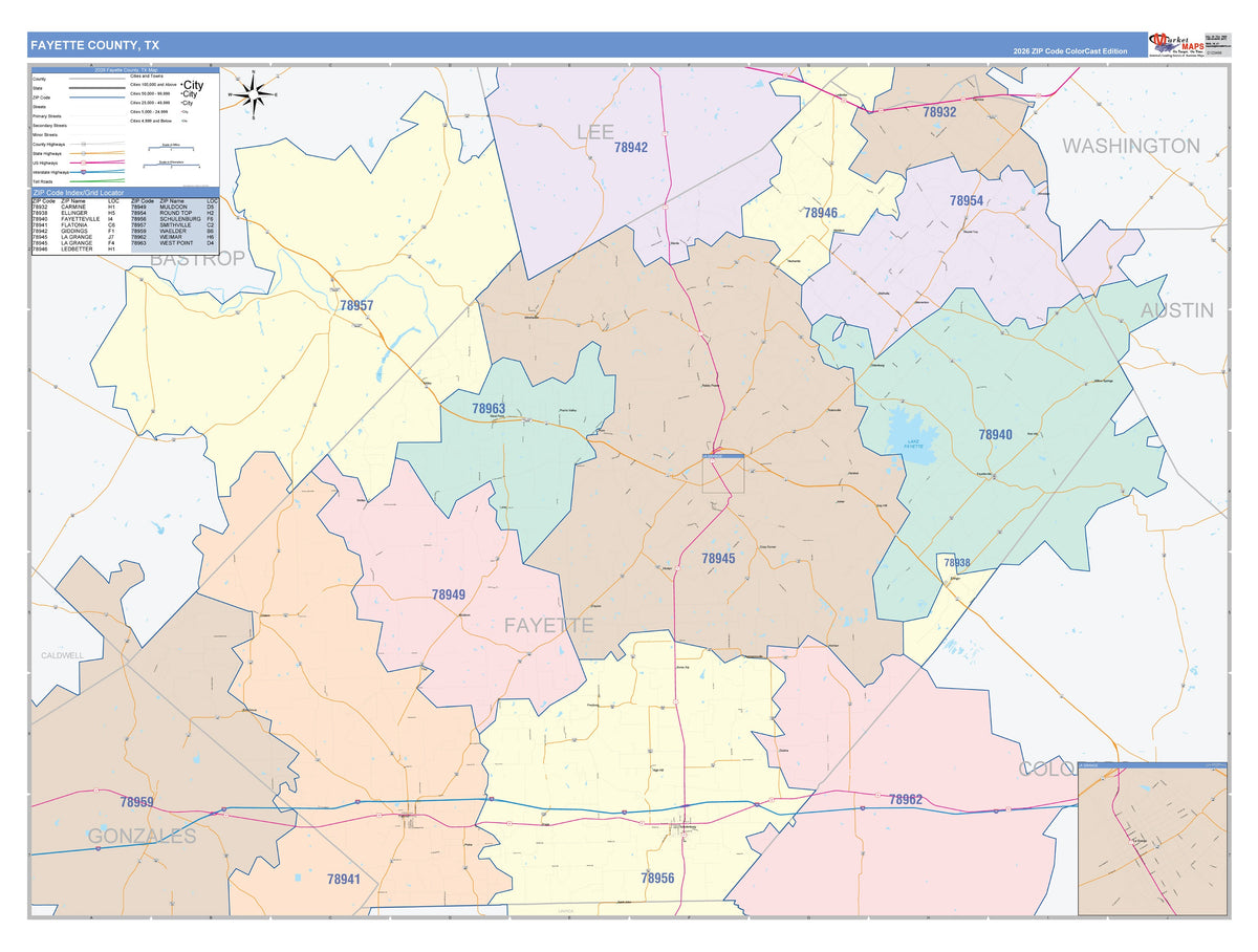 Fayette County, TX Colorcast Style Wall Map