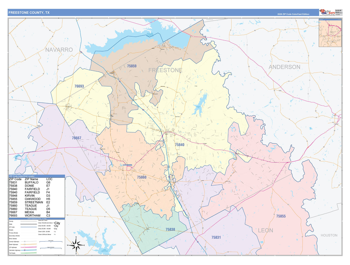 Freestone County, TX Colorcast Style Wall Map