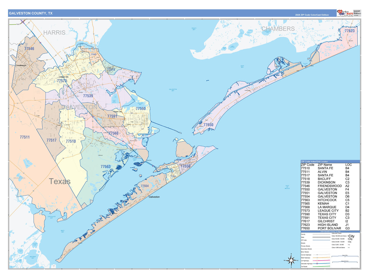 Galveston County, TX Colorcast Style Wall Map