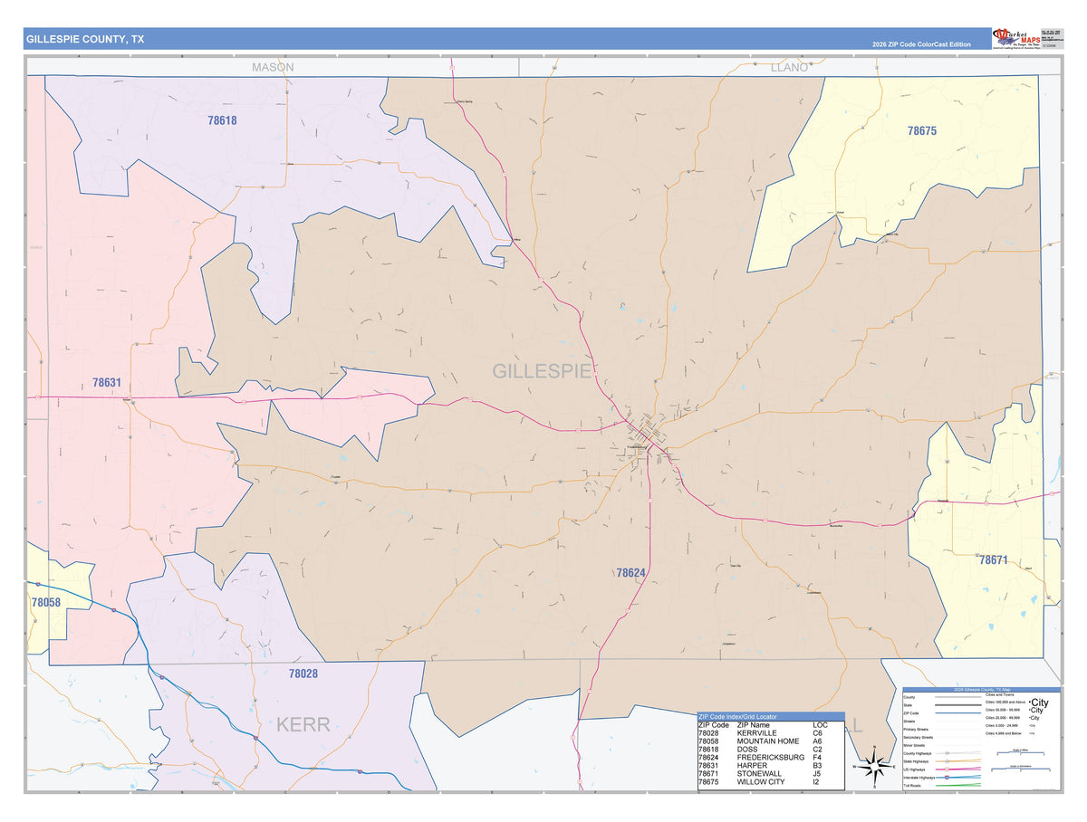 Gillespie County, TX Colorcast Style Wall Map