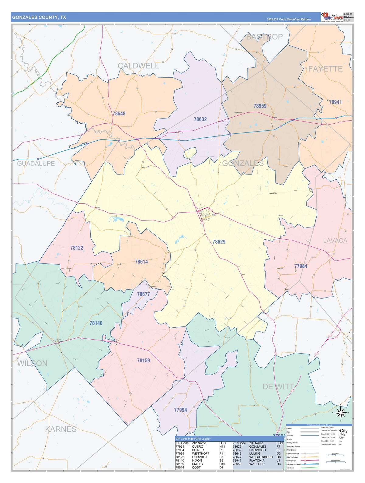 Gonzales County, TX Colorcast Style Wall Map