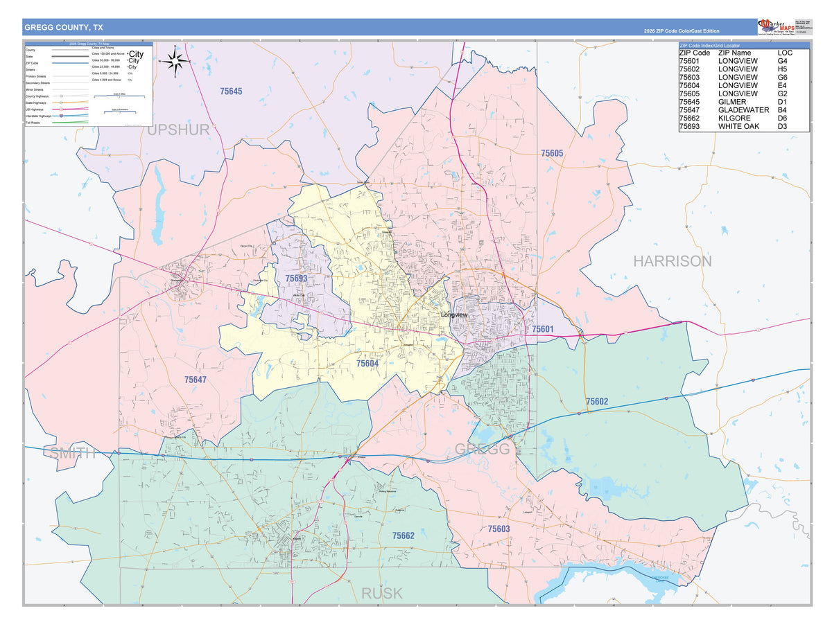 Gregg County, TX Colorcast Style Wall Map