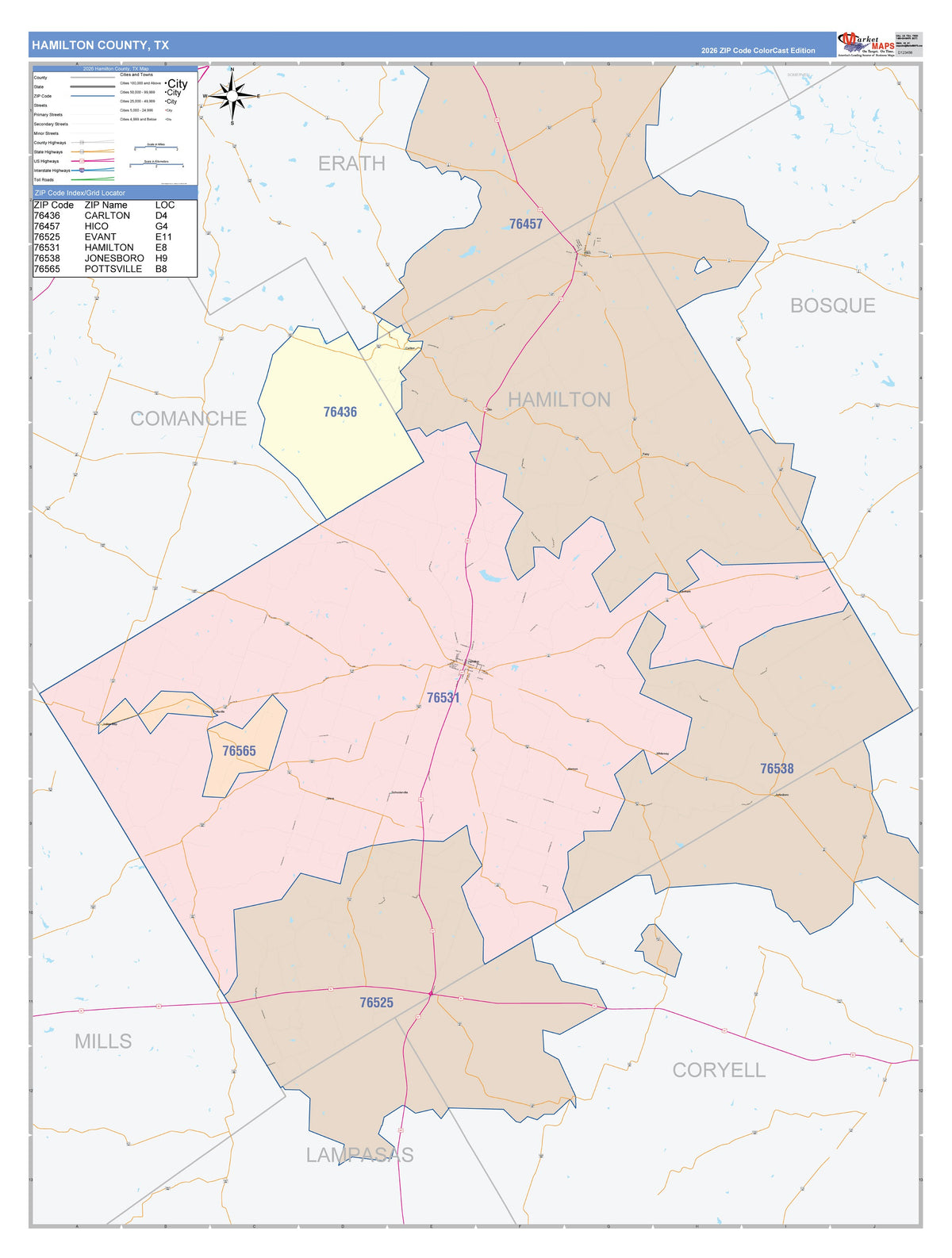 Hamilton County, TX Colorcast Style Wall Map