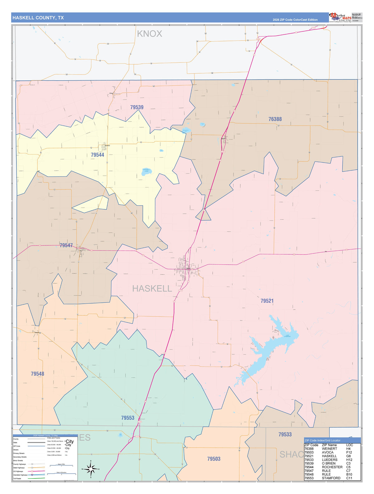 Haskell County, TX Colorcast Style Wall Map