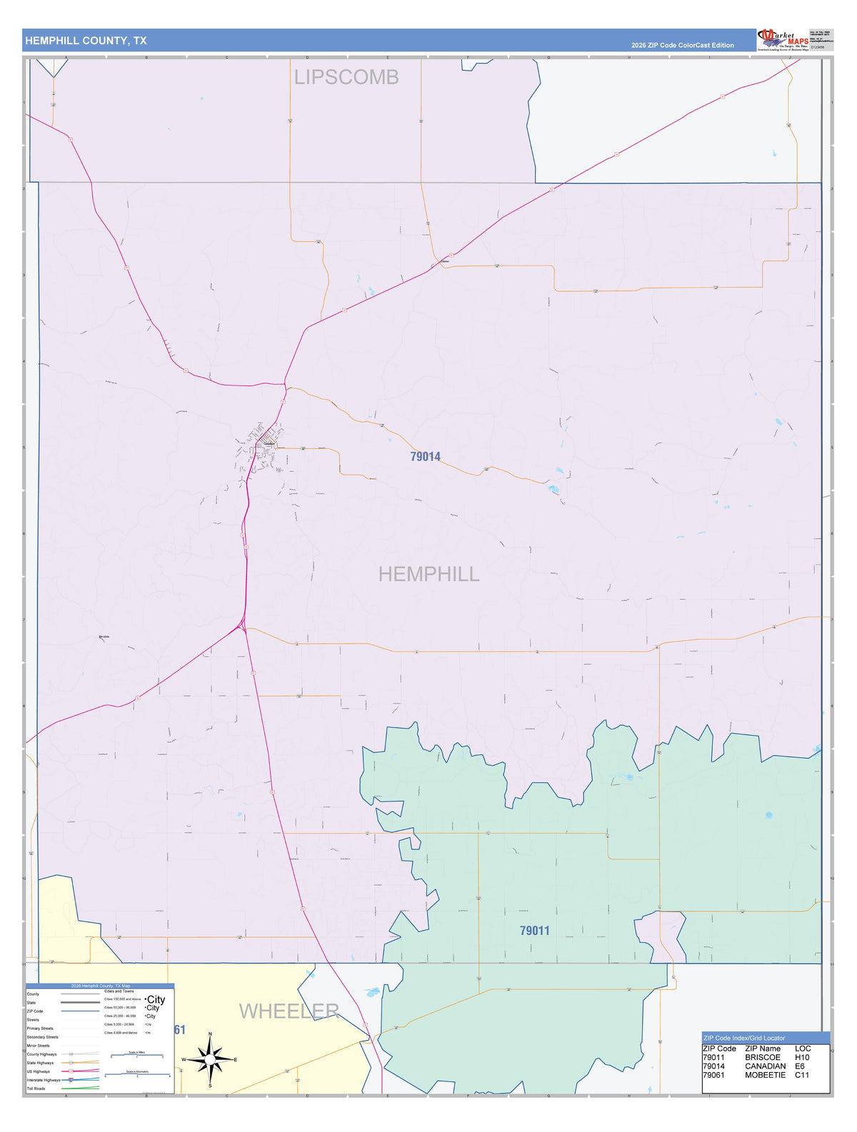 Hemphill County, TX Colorcast Style Wall Map