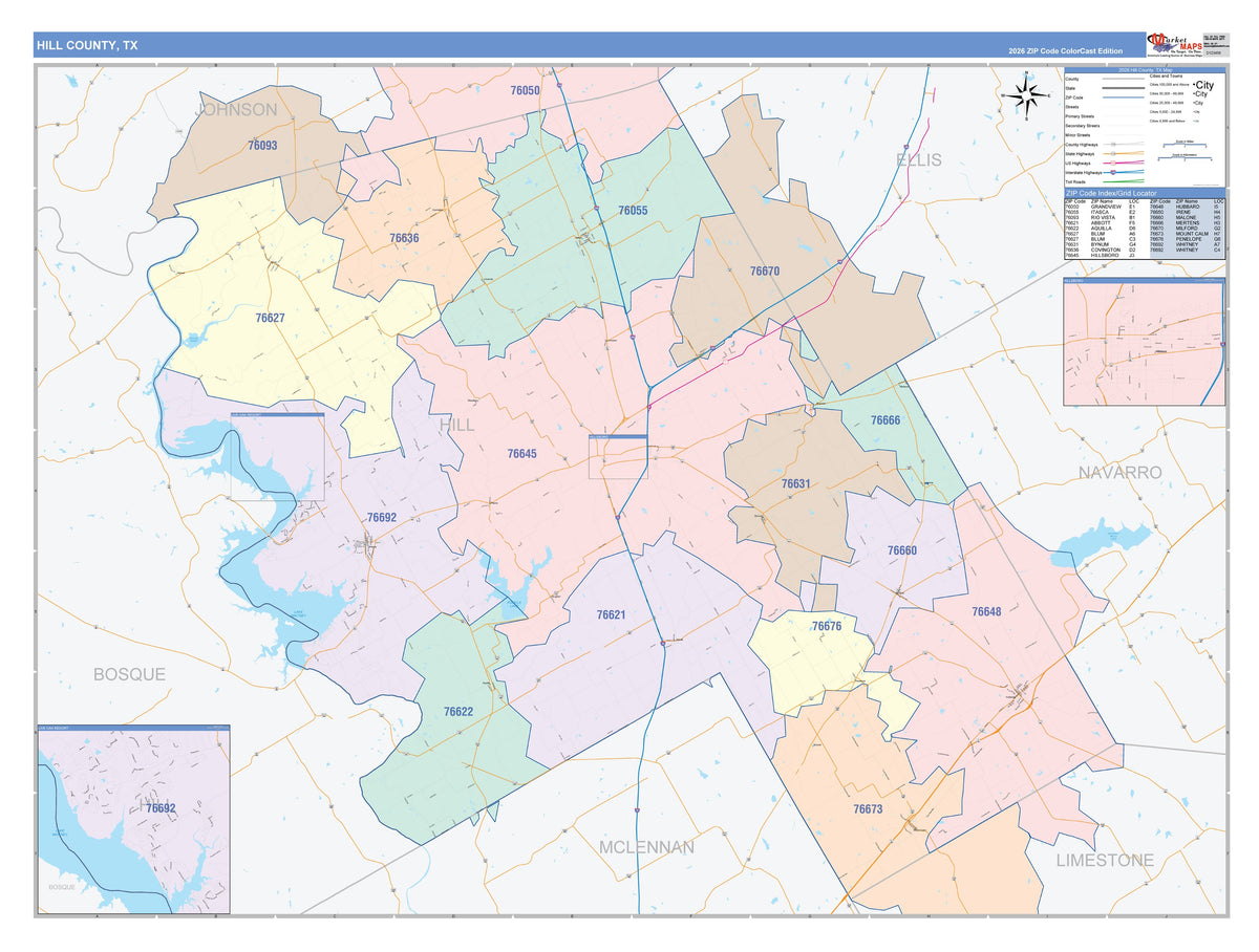 Hill County, TX Colorcast Style Wall Map