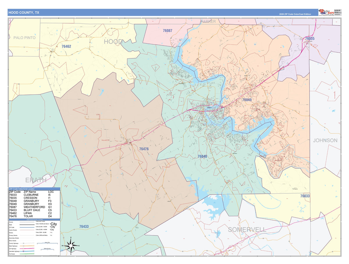 Hood County, TX Colorcast Style Wall Map