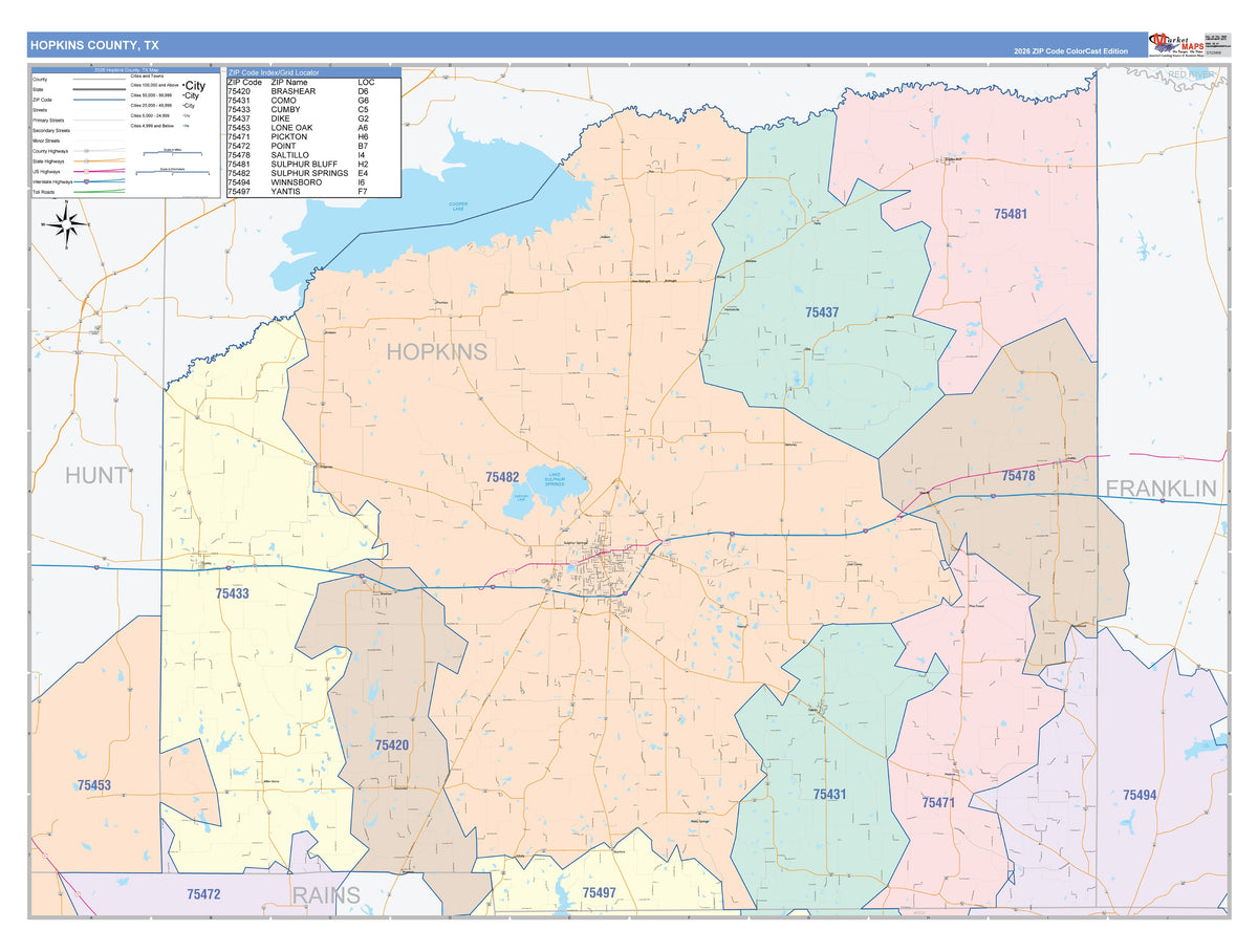Hopkins County, TX Colorcast Style Wall Map