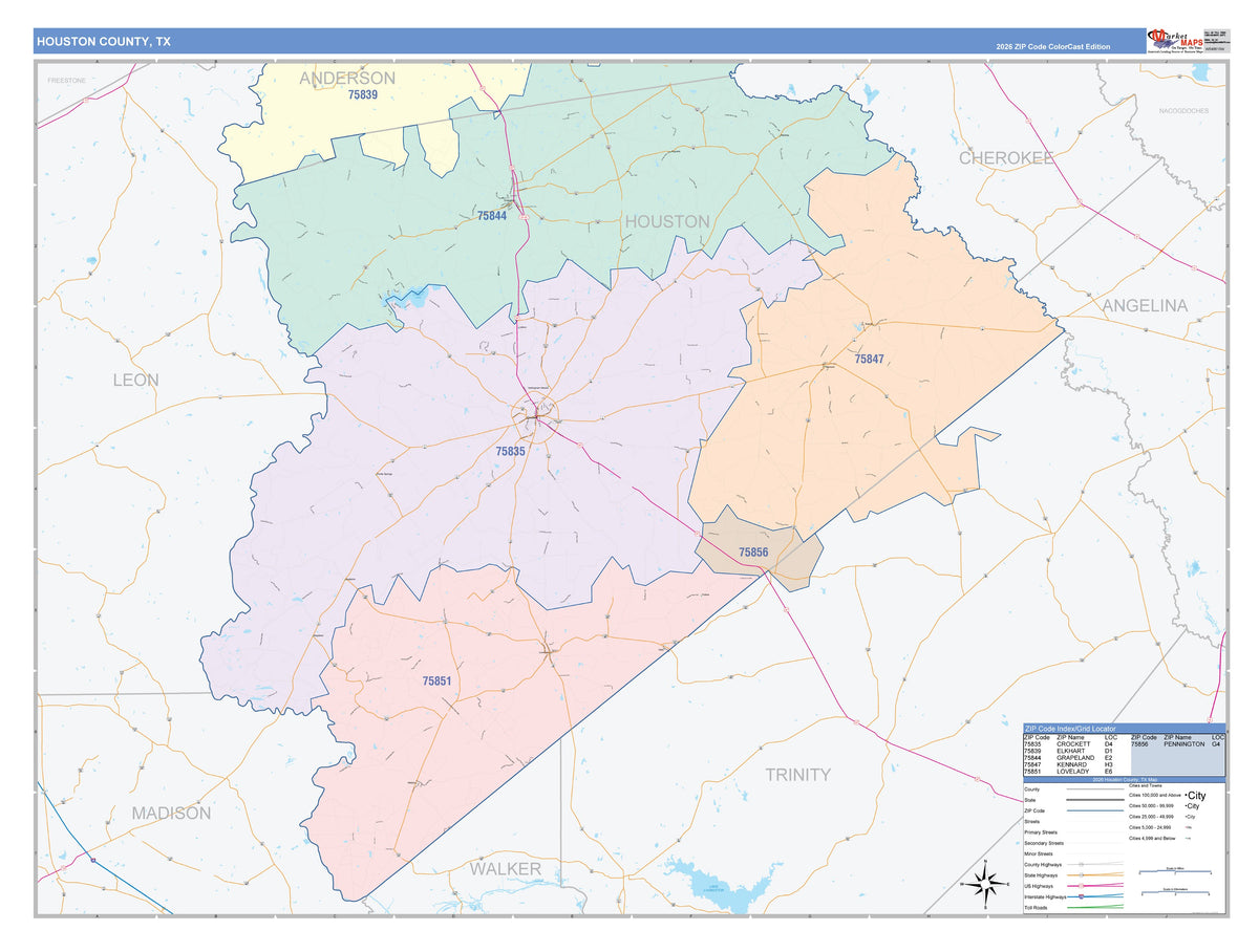 Houston County, TX Colorcast Style Wall Map