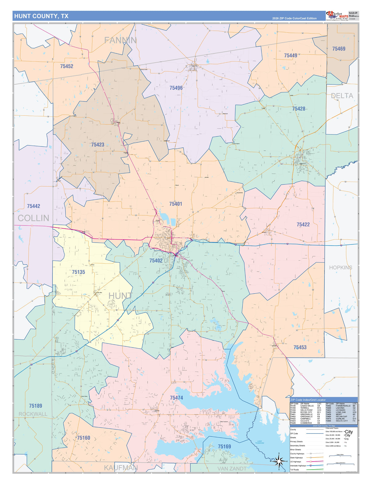 Hunt County, TX Colorcast Style Wall Map