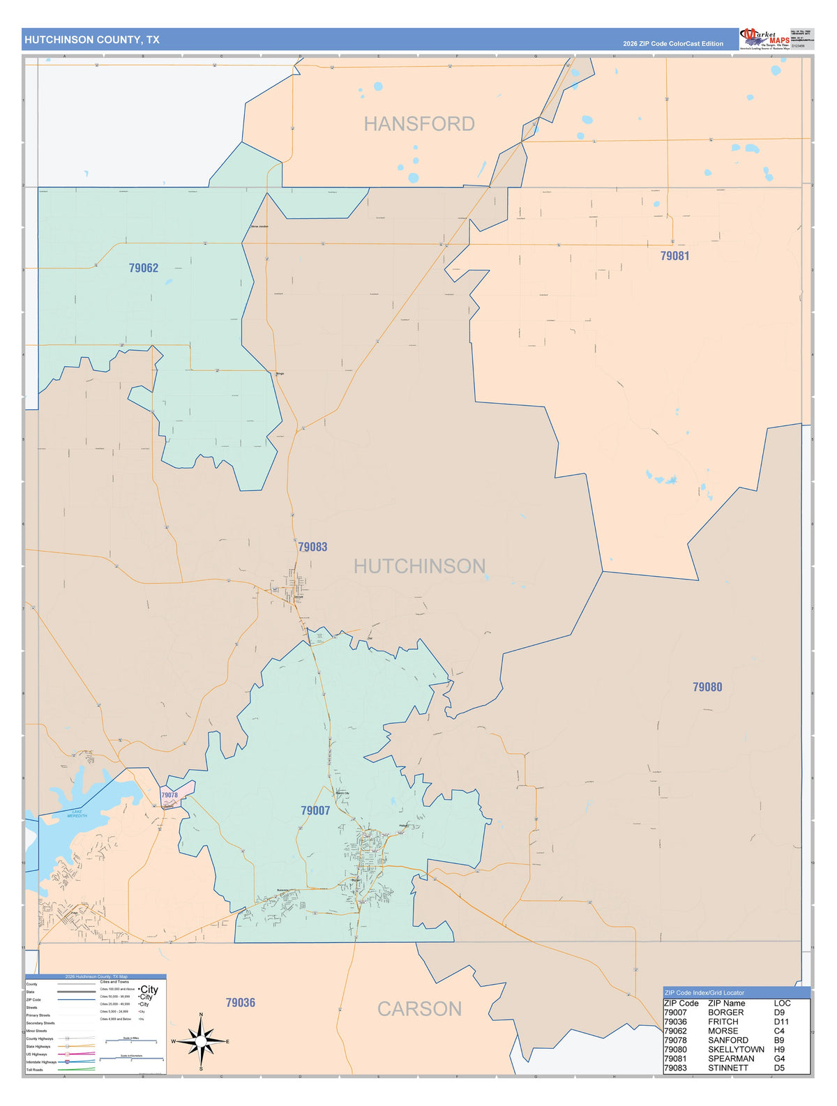 Hutchinson County, TX Colorcast Style Wall Map