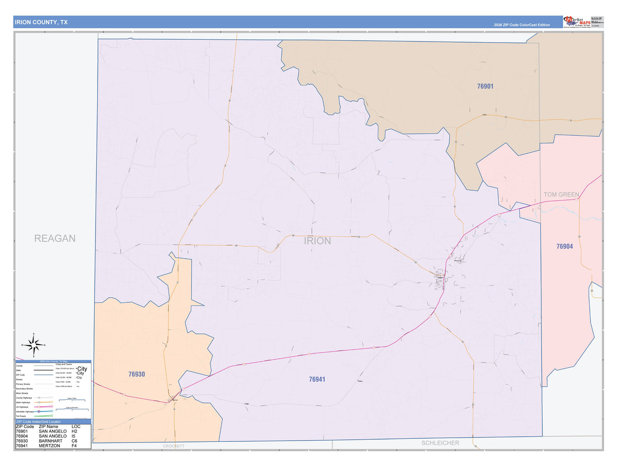 Irion County, TX Colorcast Style Wall Map