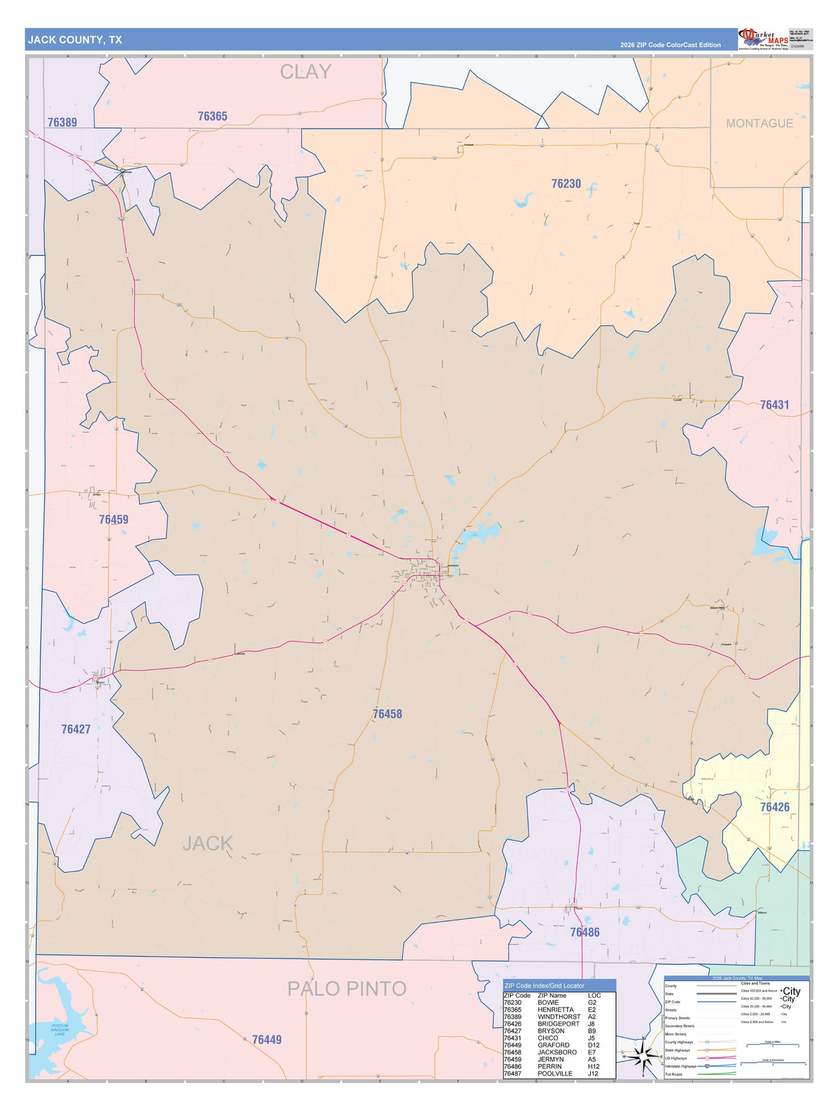 Jack County, TX Colorcast Style Wall Map
