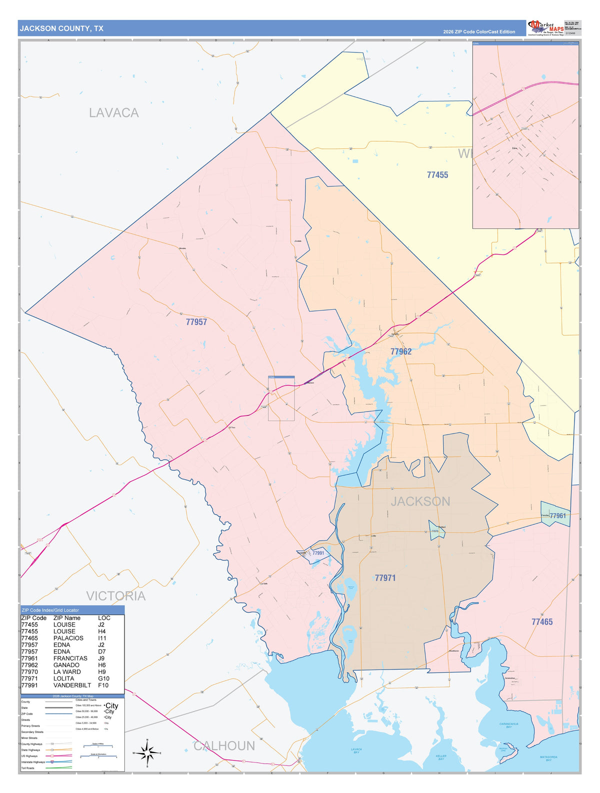 Jackson County, TX Colorcast Style Wall Map