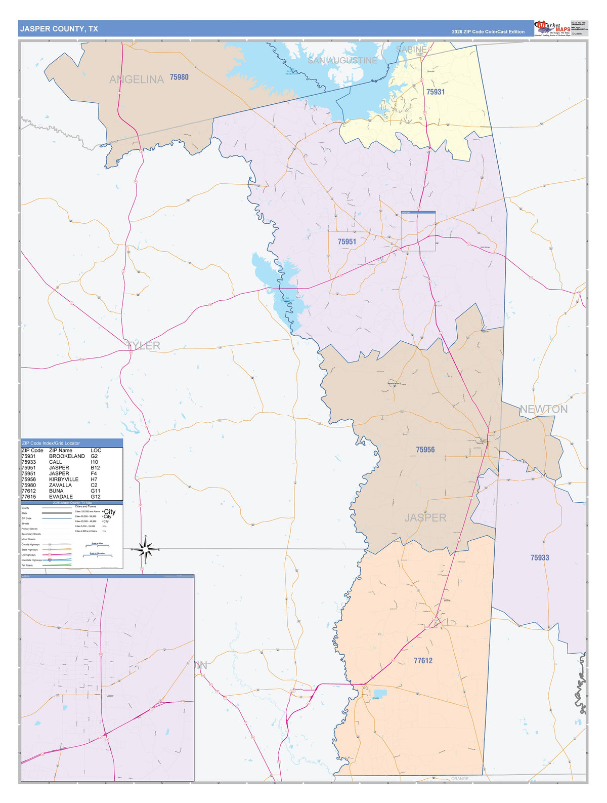Jasper County, TX Colorcast Style Wall Map
