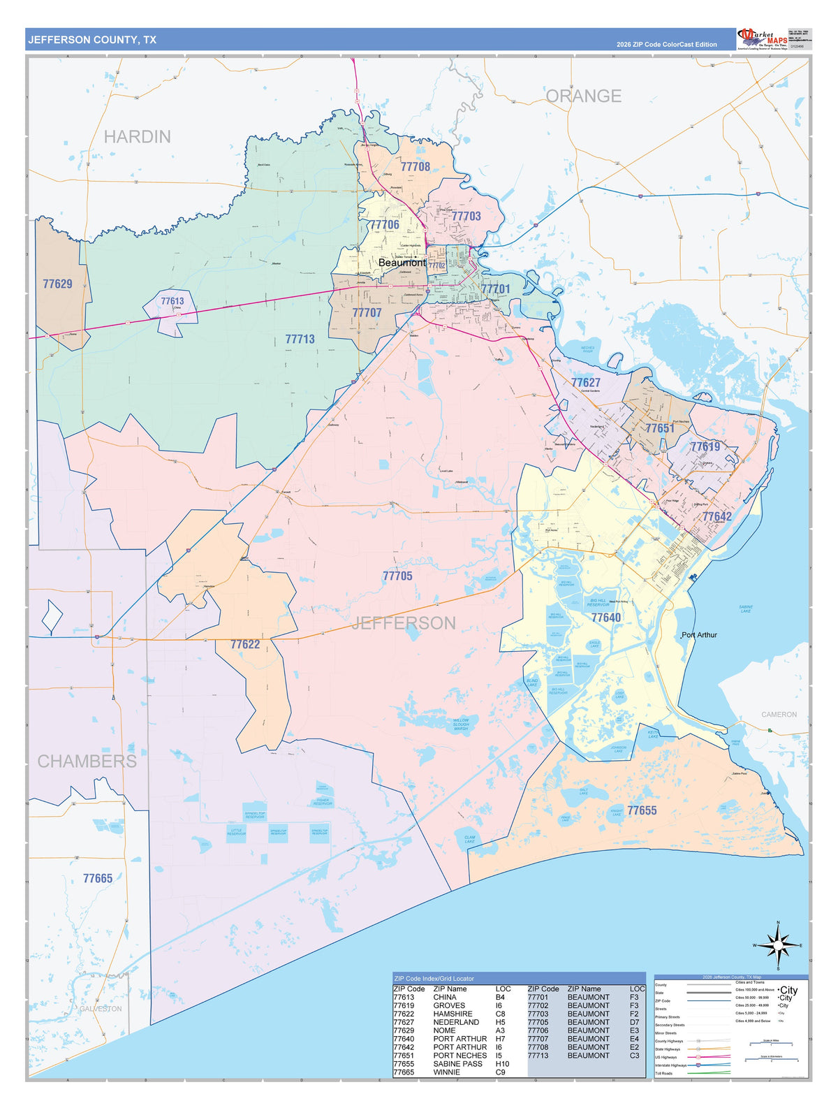 Jefferson County, TX Colorcast Style Wall Map