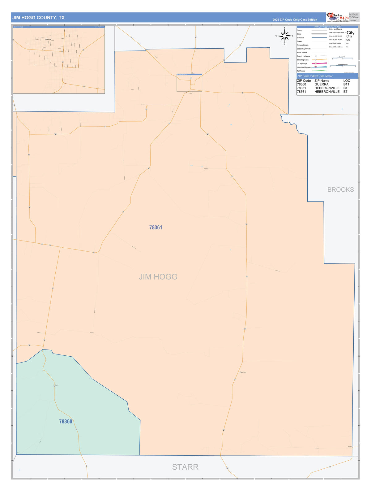 Jim Hogg County, TX Colorcast Style Wall Map