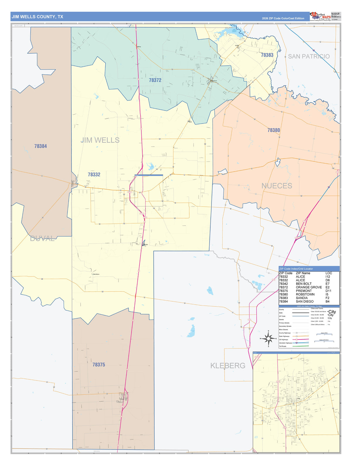 Jim Wells County, TX Colorcast Style Wall Map