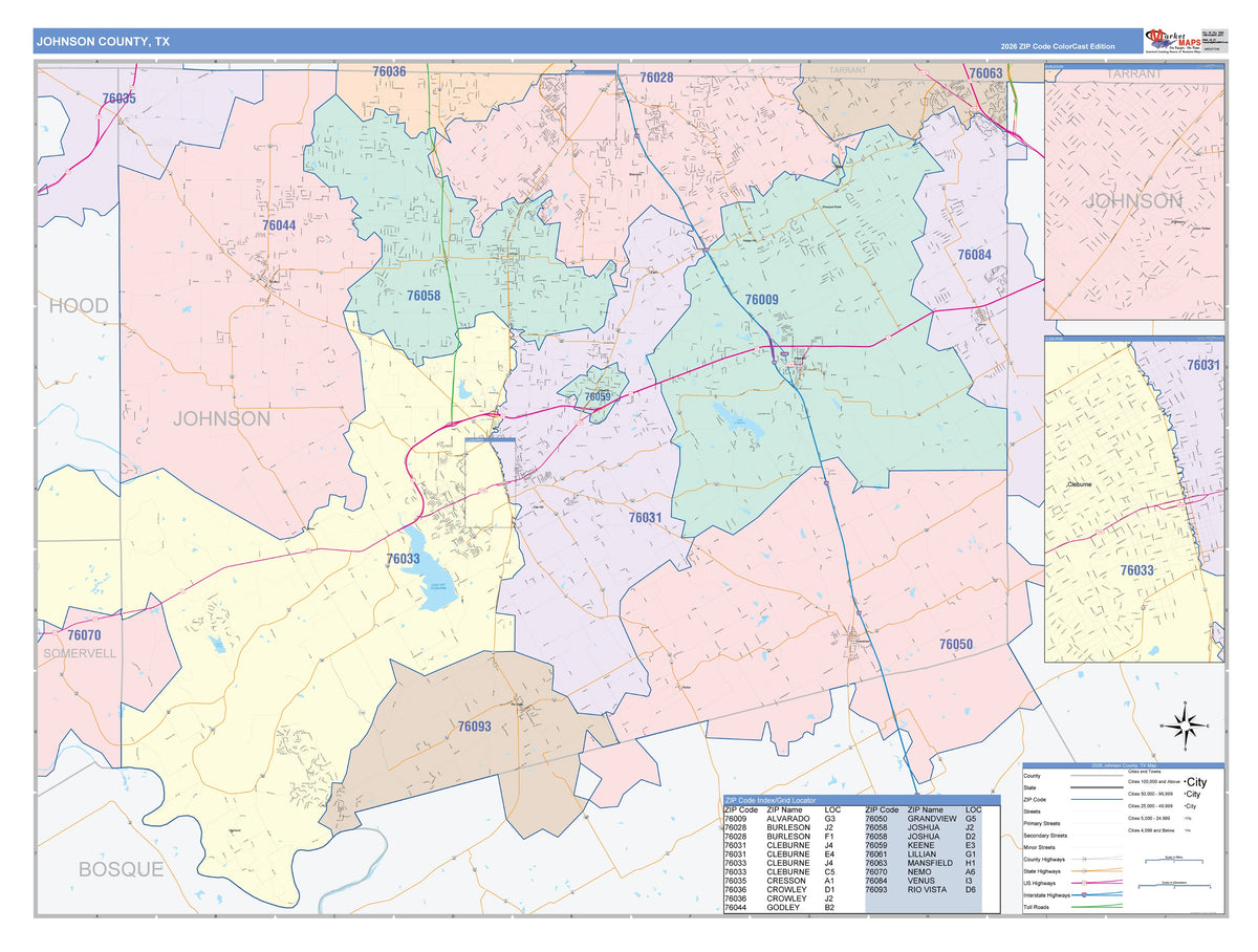 Johnson County, TX Colorcast Style Wall Map