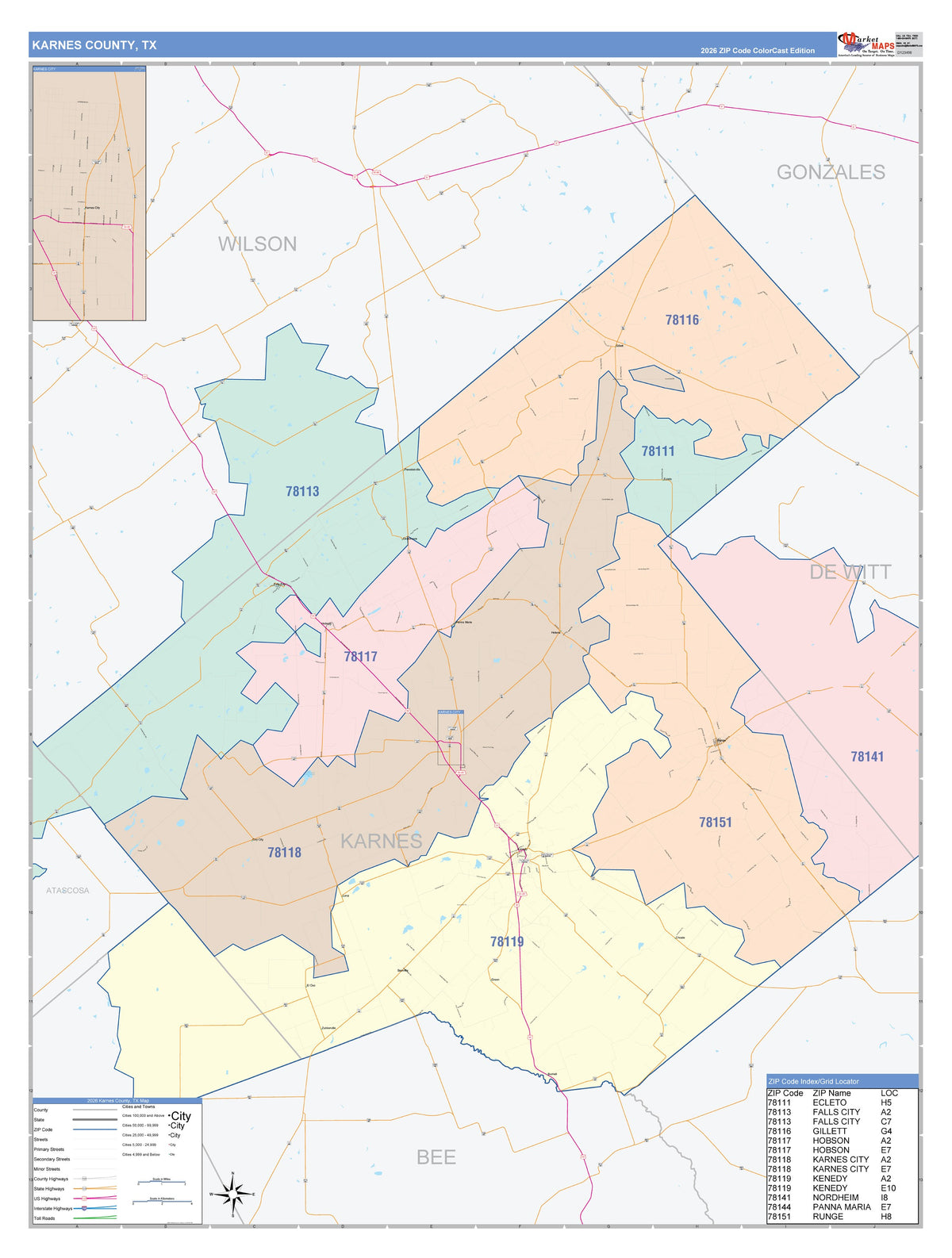 Karnes County, TX Colorcast Style Wall Map