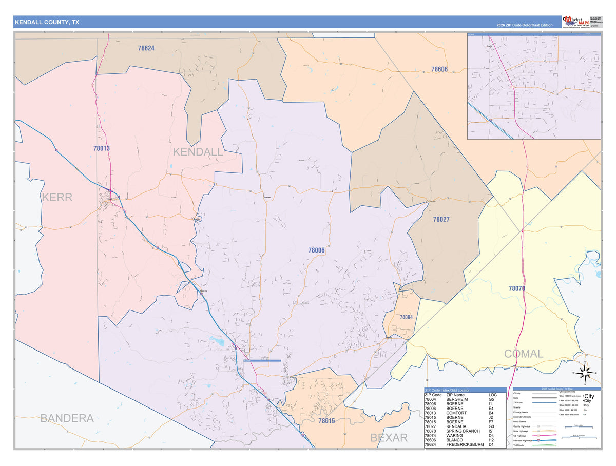 Kendall County, TX Colorcast Style Wall Map