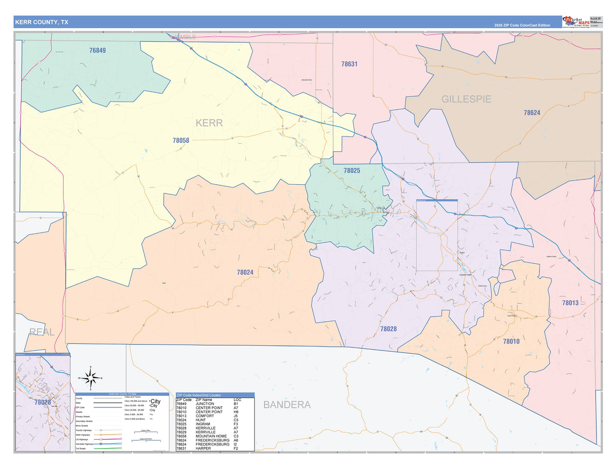 Kerr County, TX Colorcast Style Wall Map