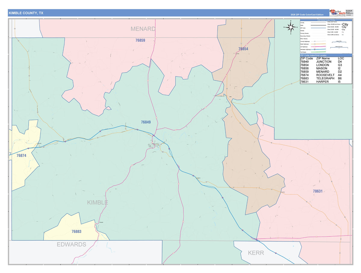 Kimble County, TX Colorcast Style Wall Map
