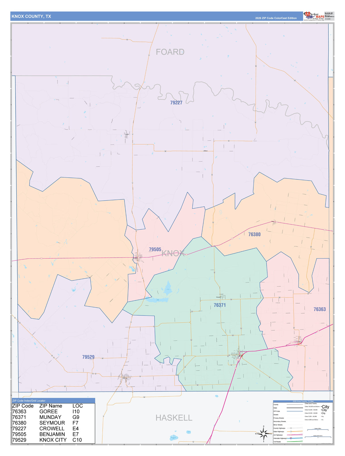 Knox County, TX Colorcast Style Wall Map