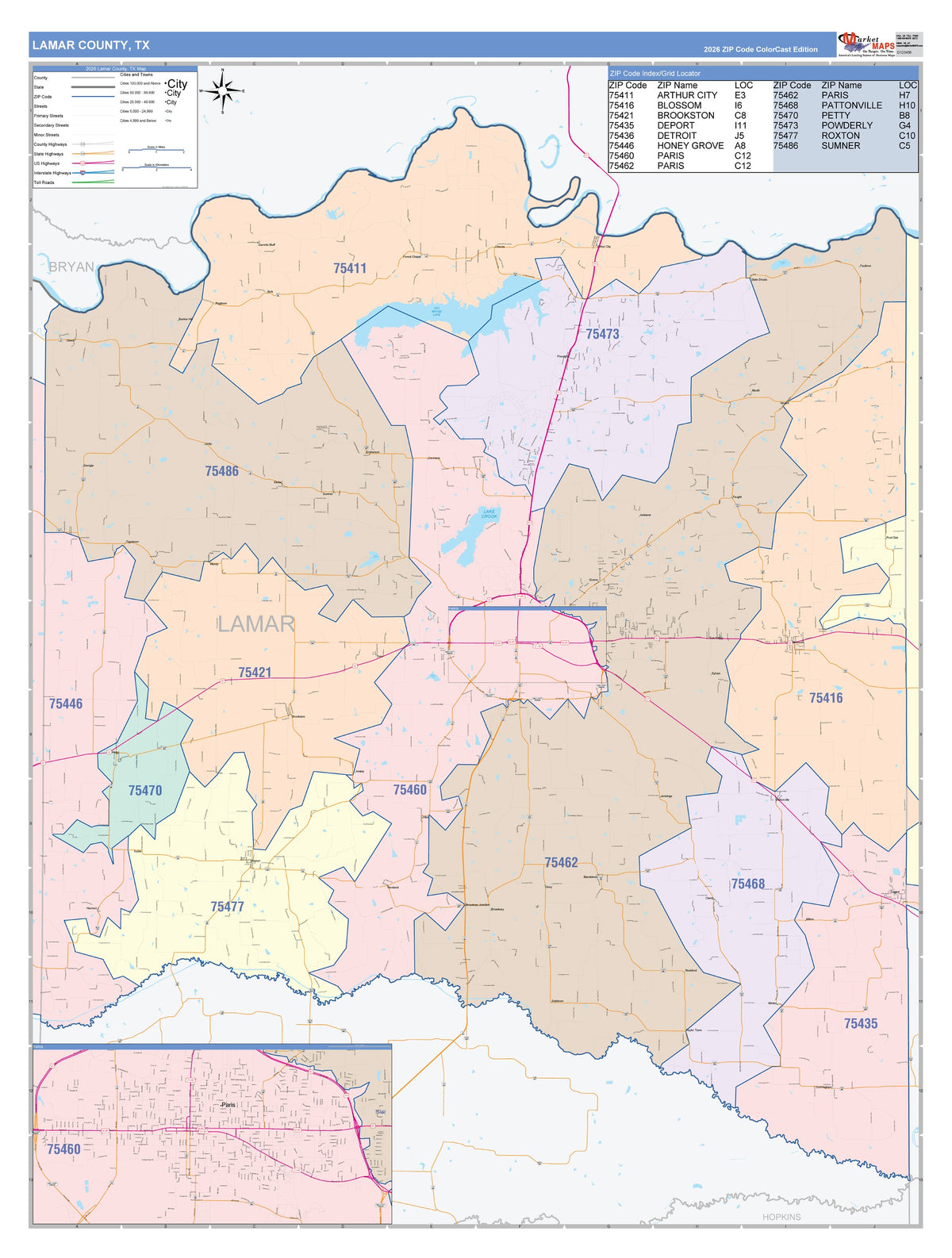 Lamar County, TX Colorcast Style Wall Map