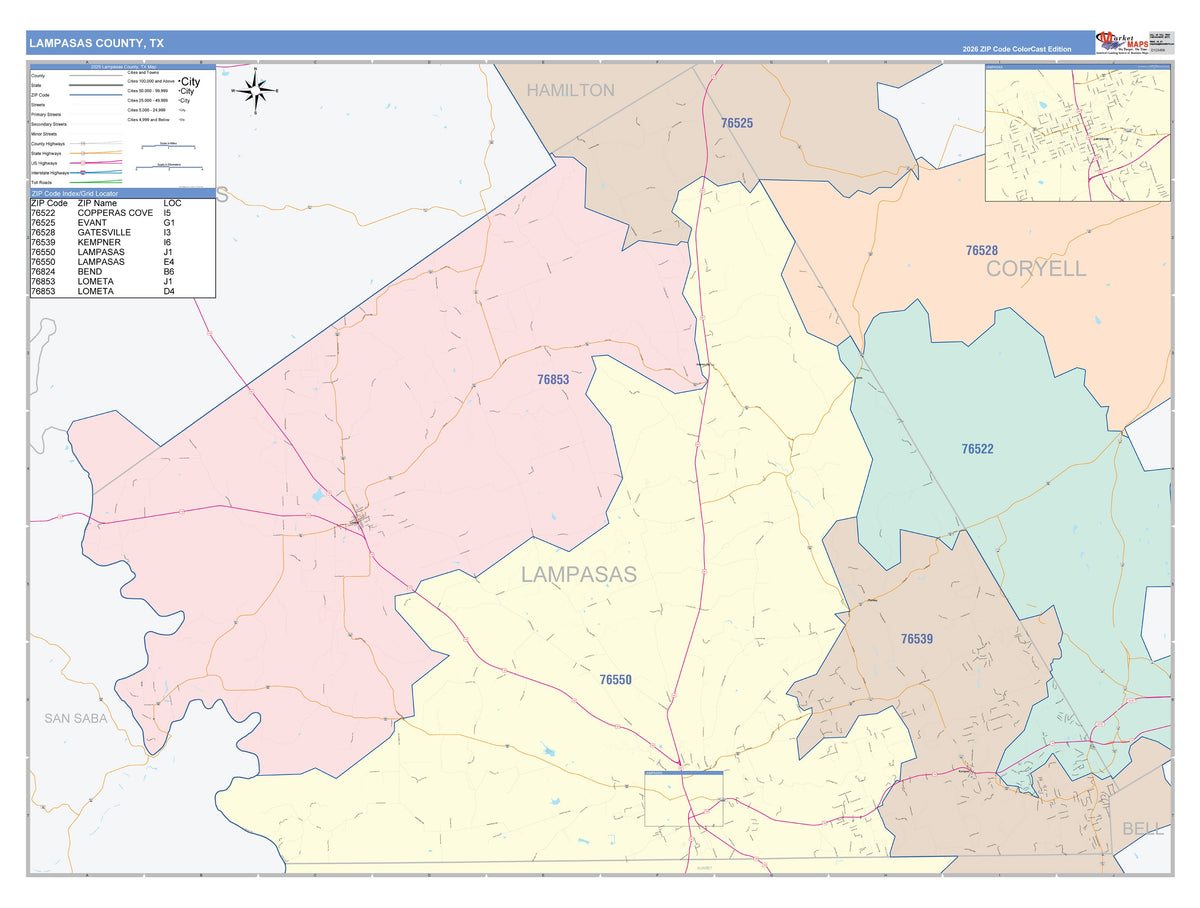Lampasas County, TX Colorcast Style Wall Map