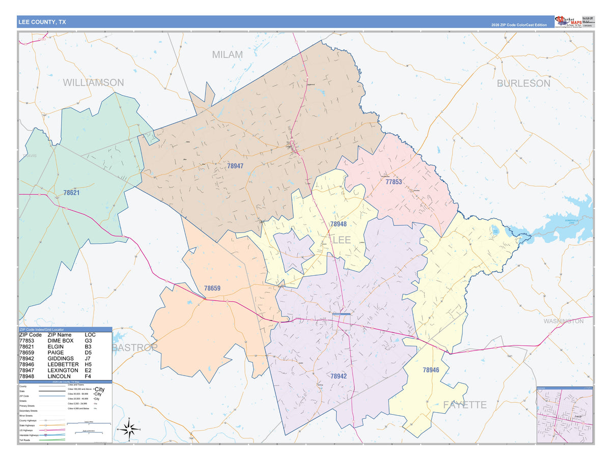 Lee County, TX Colorcast Style Wall Map