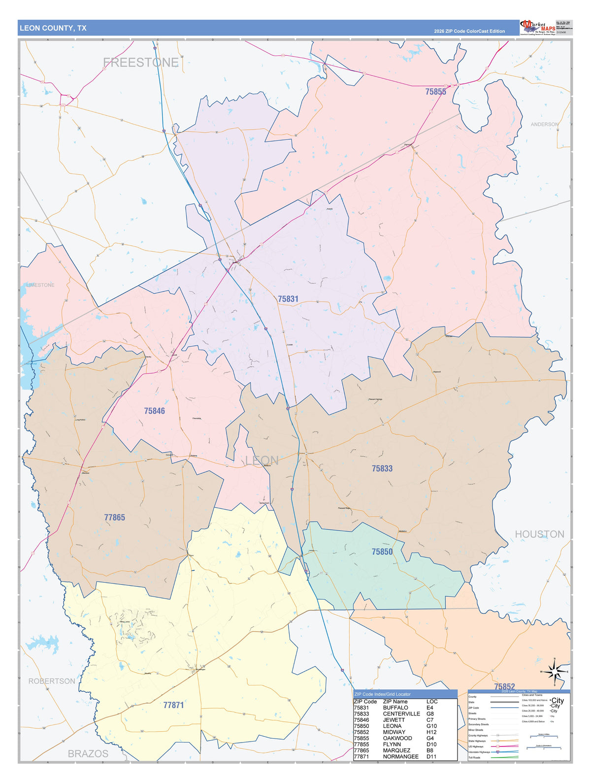 Leon County, TX Colorcast Style Wall Map