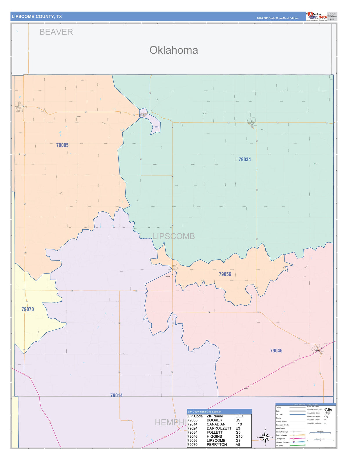 Lipscomb County, TX Colorcast Style Wall Map