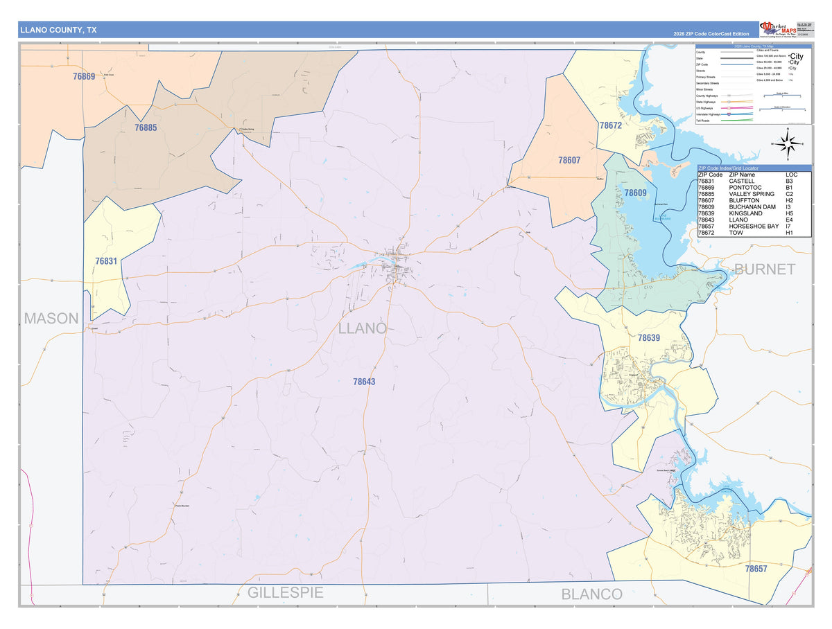 Llano County, TX Colorcast Style Wall Map