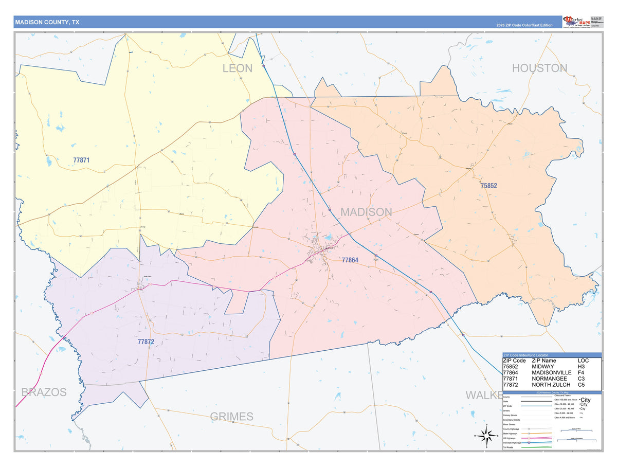 Madison County, TX Colorcast Style Wall Map