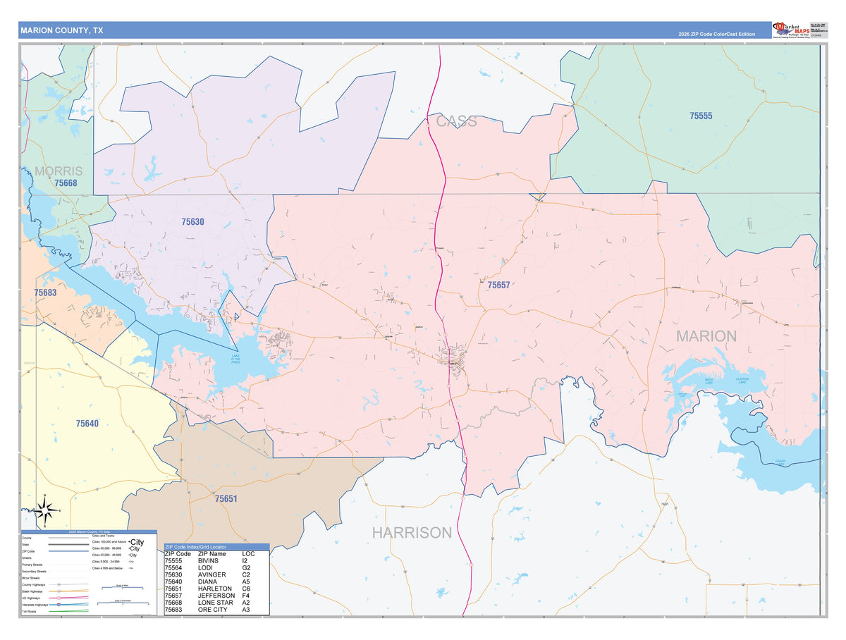 Marion County, TX Colorcast Style Wall Map