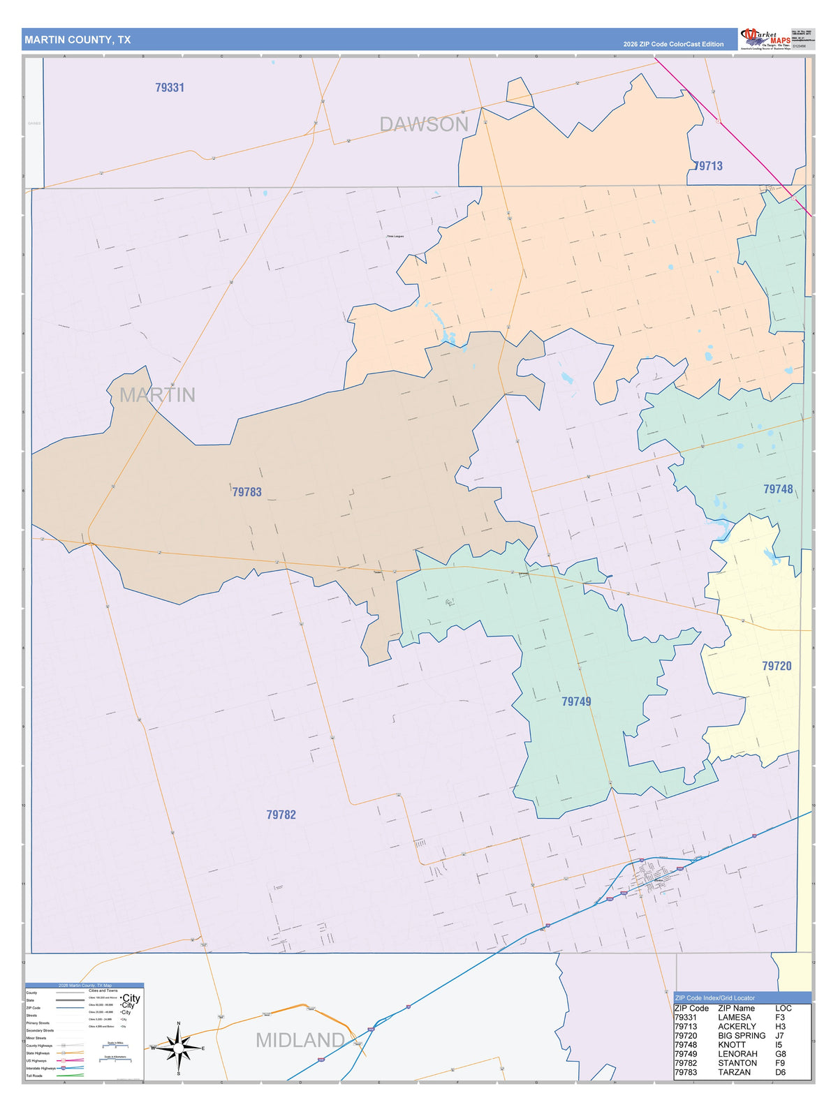 Martin County, TX Colorcast Style Wall Map