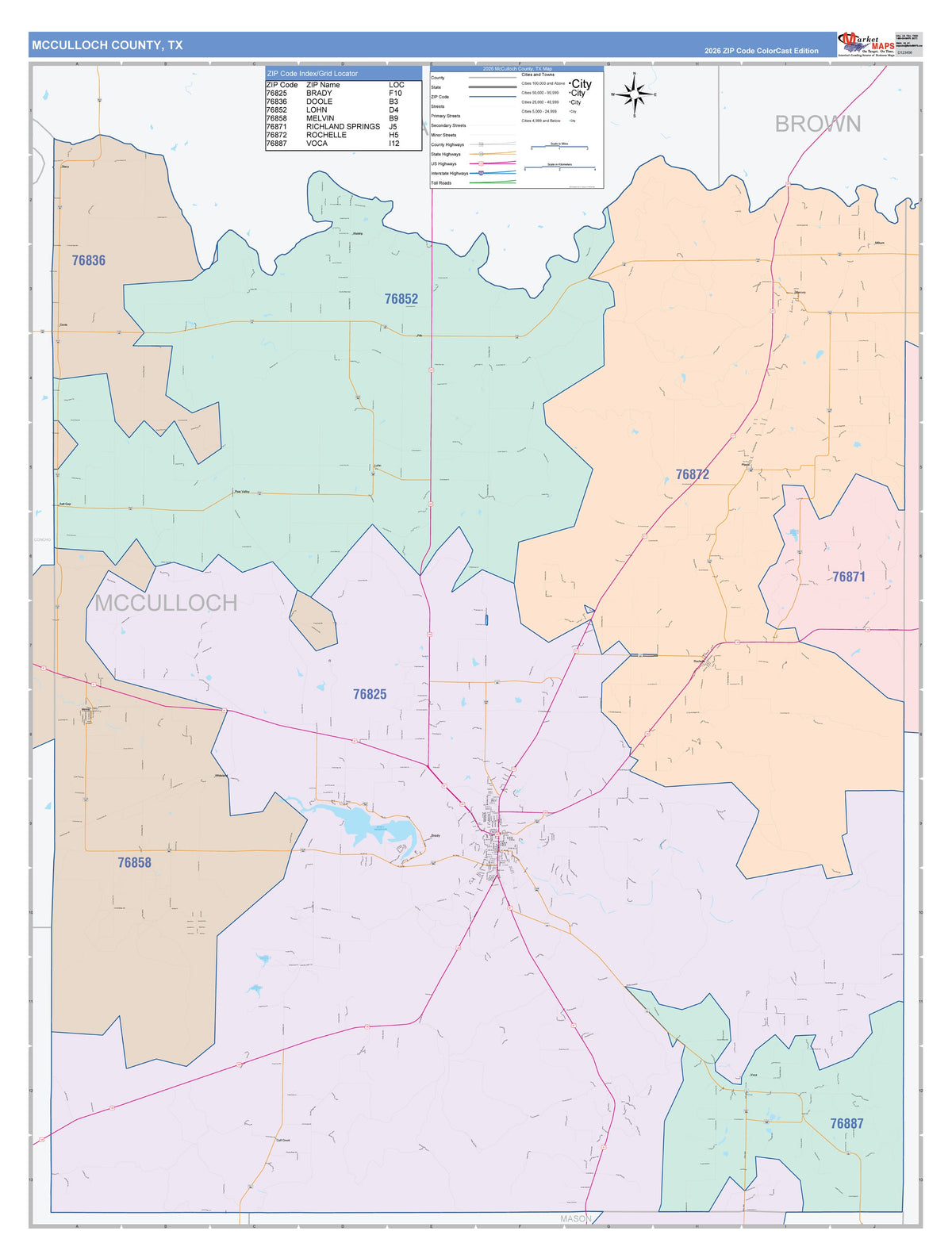 McCulloch County, TX Colorcast Style Wall Map
