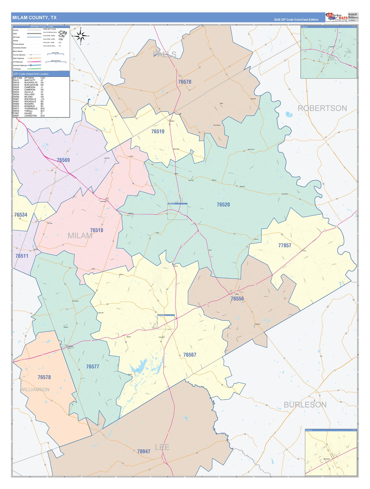 Milam County, TX Colorcast Style Wall Map