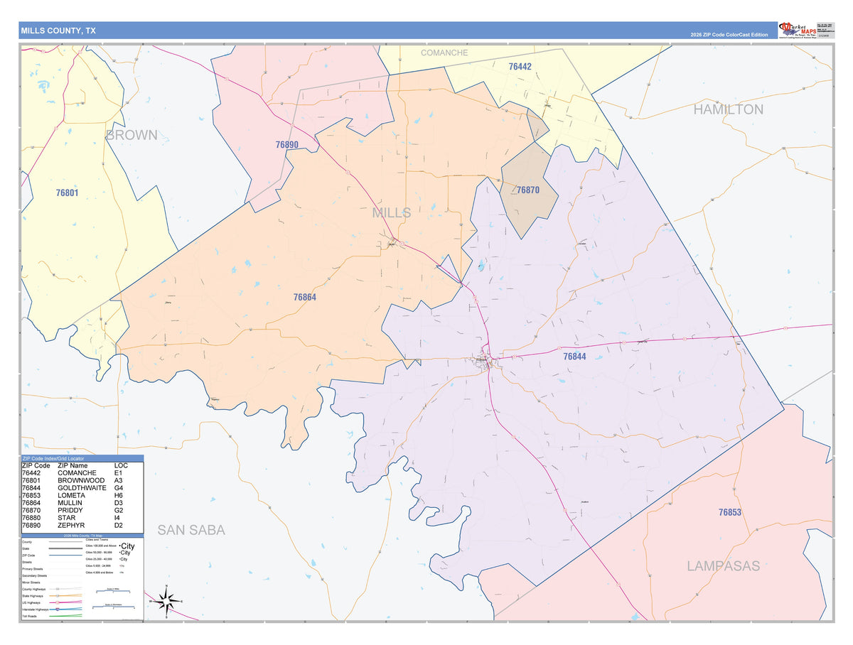 Mills County, TX Colorcast Style Wall Map