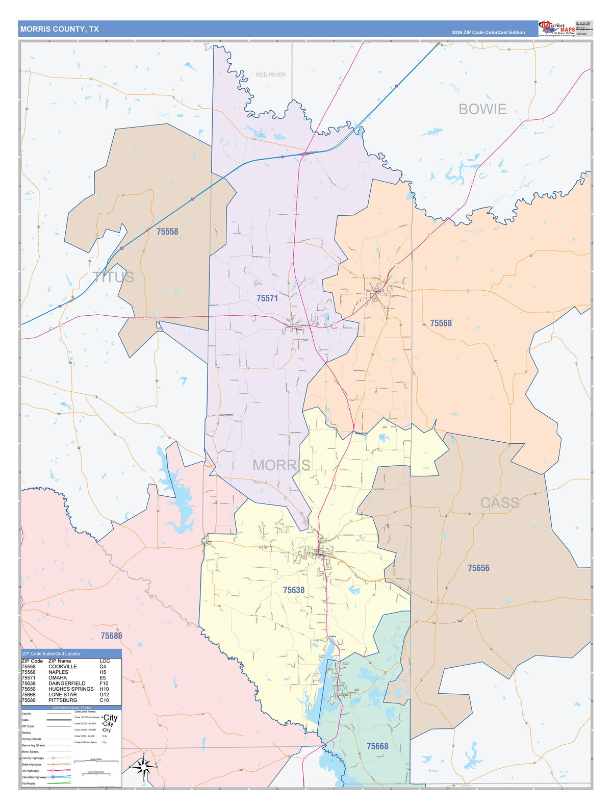 Morris County, TX Colorcast Style Wall Map