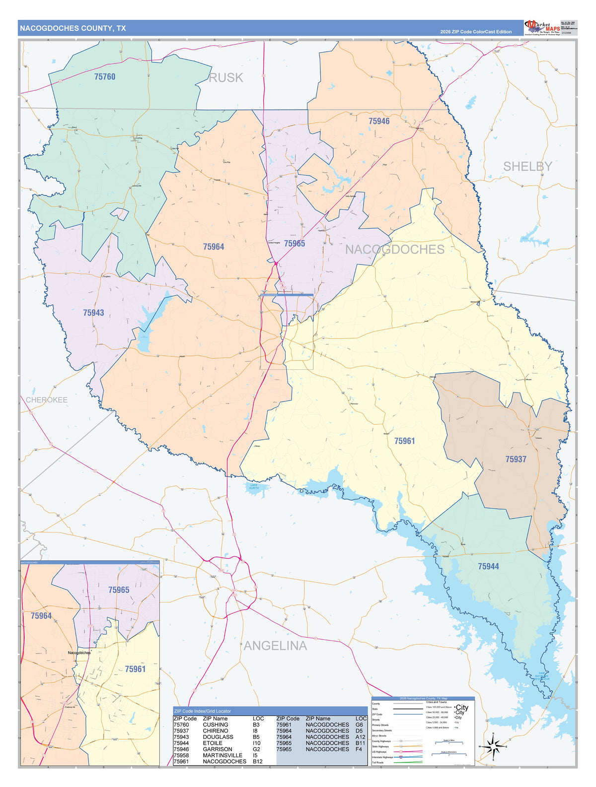 Nacogdoches County, TX Colorcast Style Wall Map