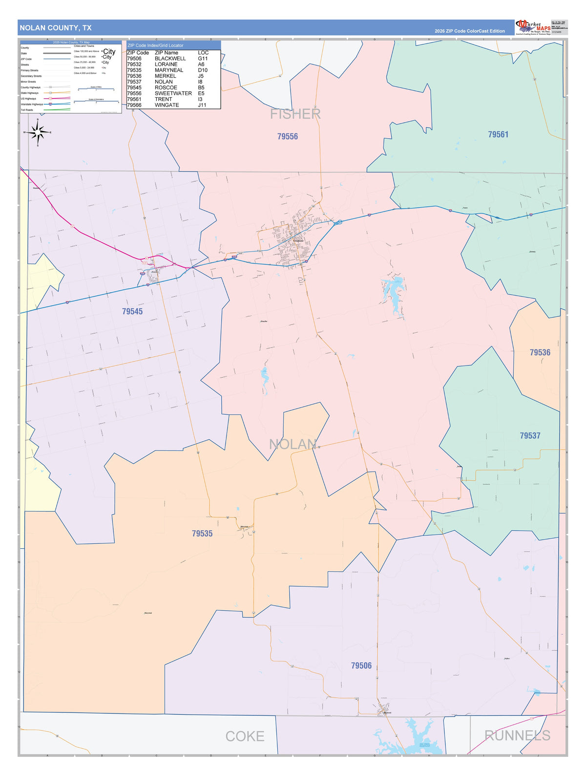 Nolan County, TX Colorcast Style Wall Map