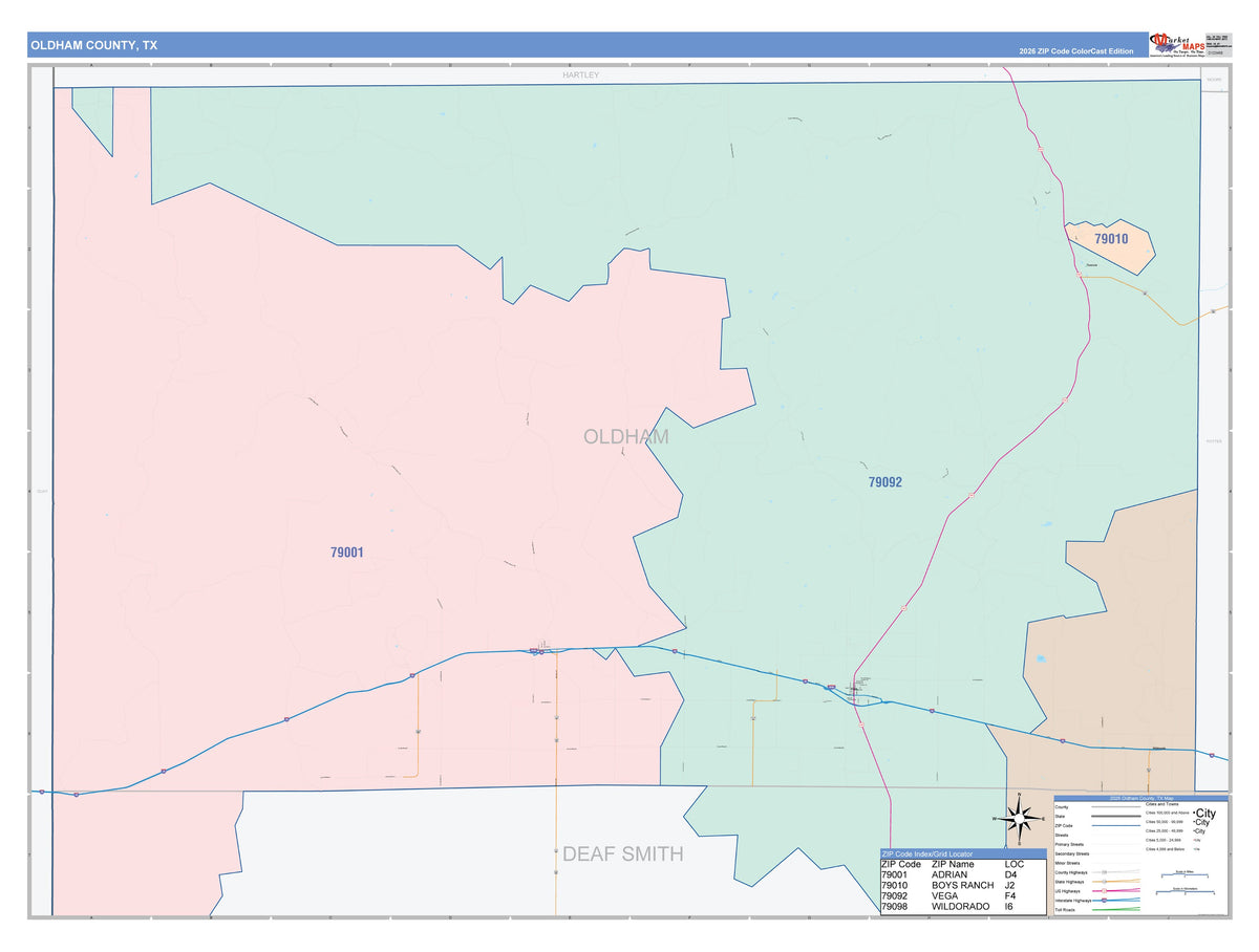 Oldham County, TX Colorcast Style Wall Map