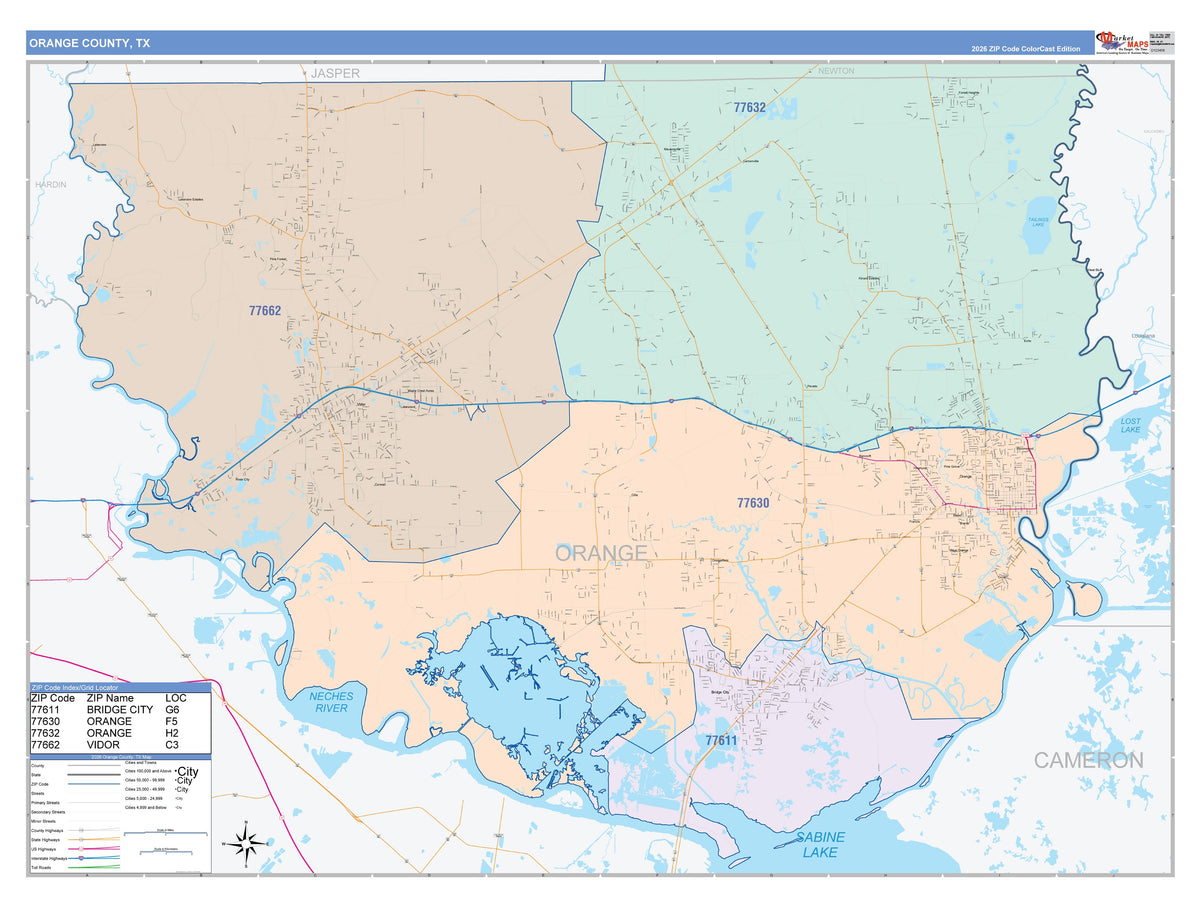 Orange County, TX Colorcast Style Wall Map