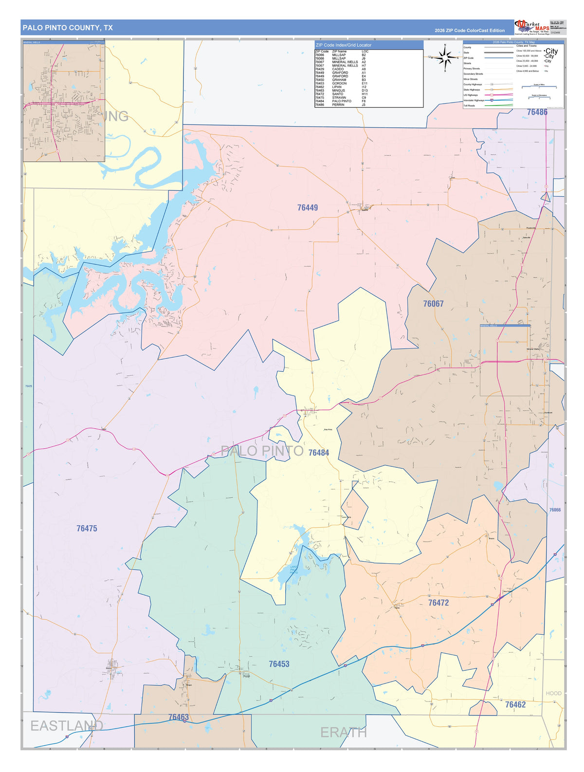 Palo Pinto County, TX Colorcast Style Wall Map