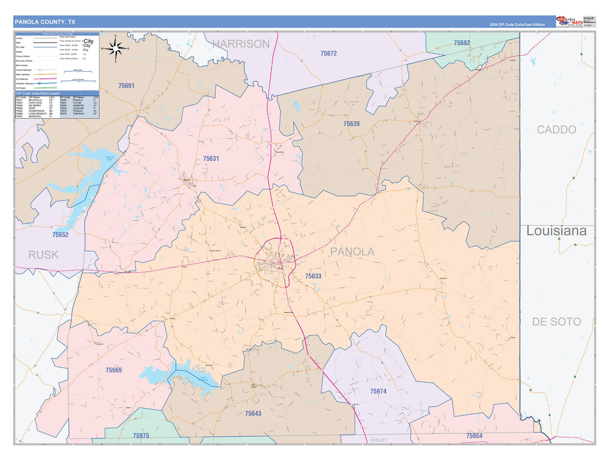 Panola County, TX Colorcast Style Wall Map