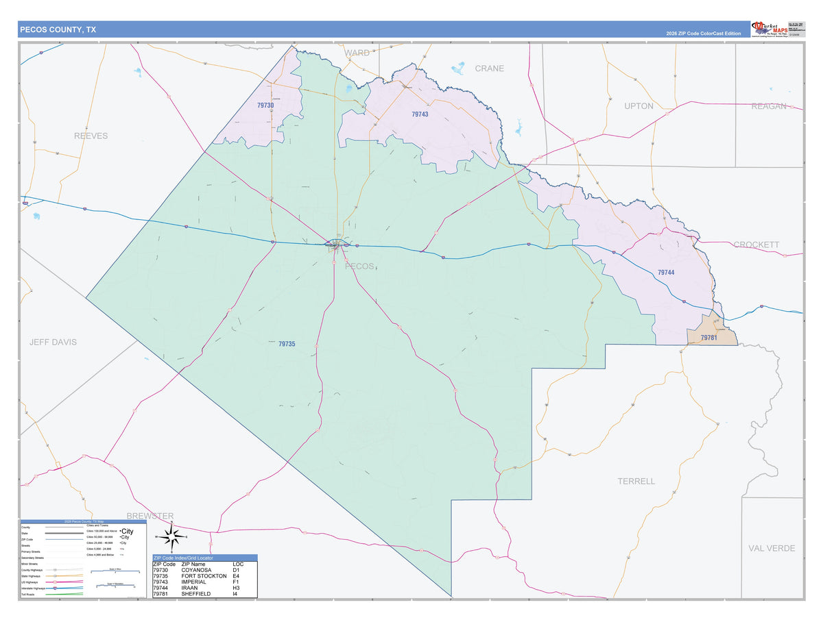 Pecos County, TX Colorcast Style Wall Map
