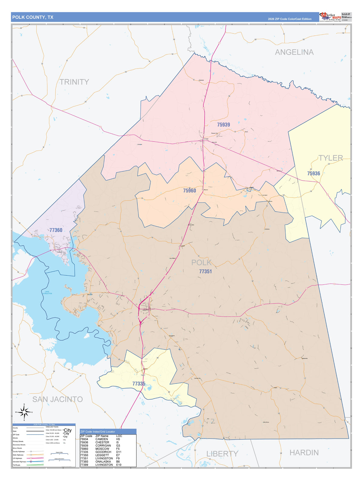 Polk County, TX Colorcast Style Wall Map