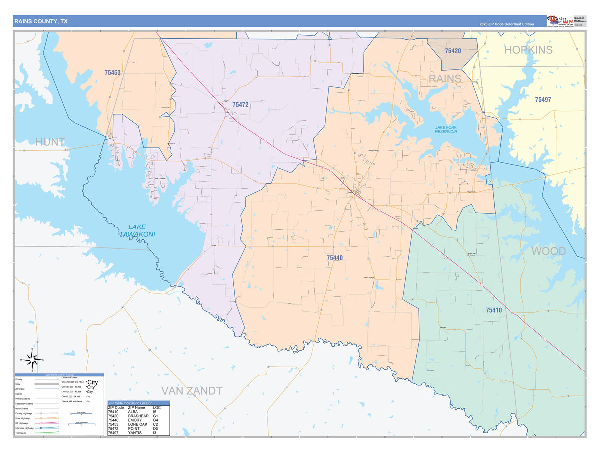 Rains County, TX Colorcast Style Wall Map